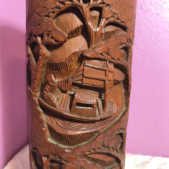 Vintage MCM Mid-Century Modern Wood Lamp * Hand Carved Fishing Water Boat Trees - Picture 2 of 13